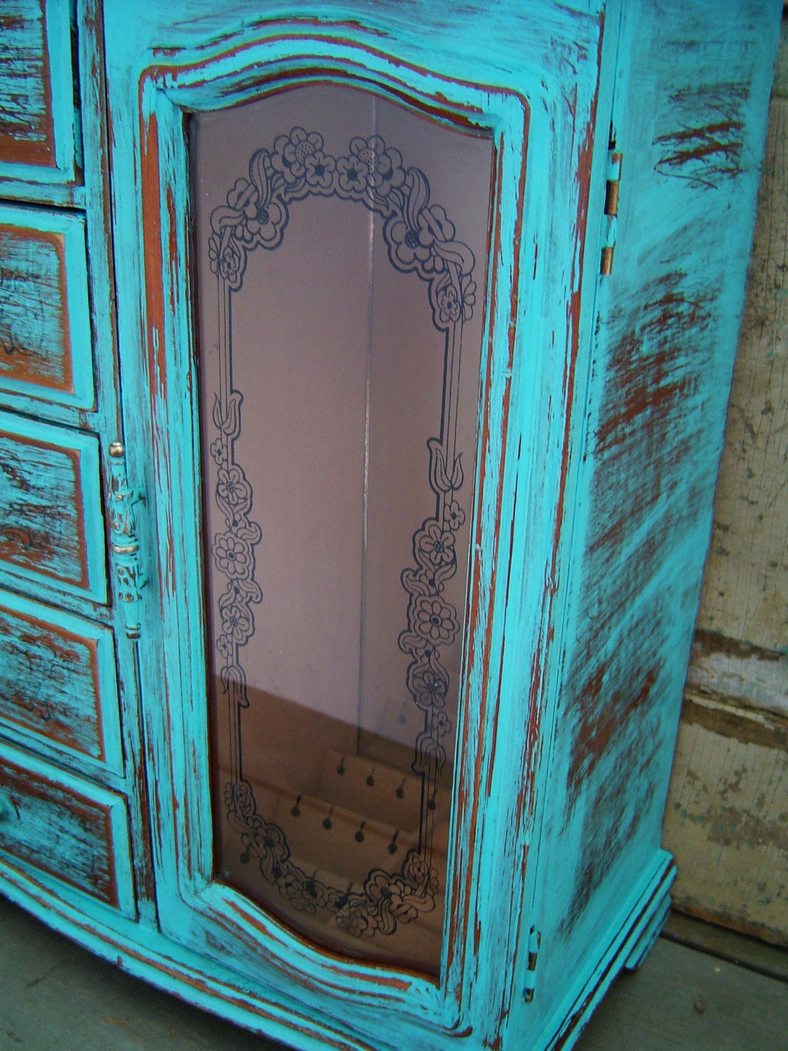 Jewelry Box Turquoise Distressed Wooden Large