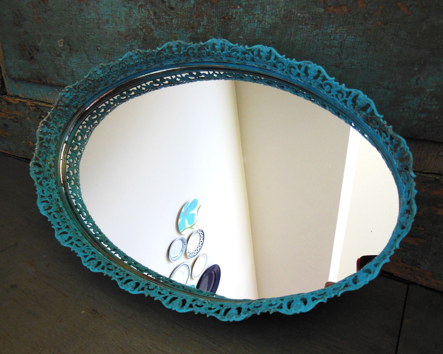 Filigree Vanity Mirror Tray Turquoise Blue Verdigris