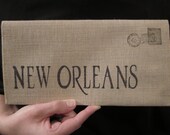 Hand Stencilled NewOrleans Cotton Canvas Envelope Clutch Bag   City Bag Purse