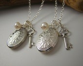 5 Bridesmaids Gift Jewelry Locket Key Charm Necklaces, Wedding Jewelry, Bridesmaid Gift, Sterling Silver, Pearl BM016
