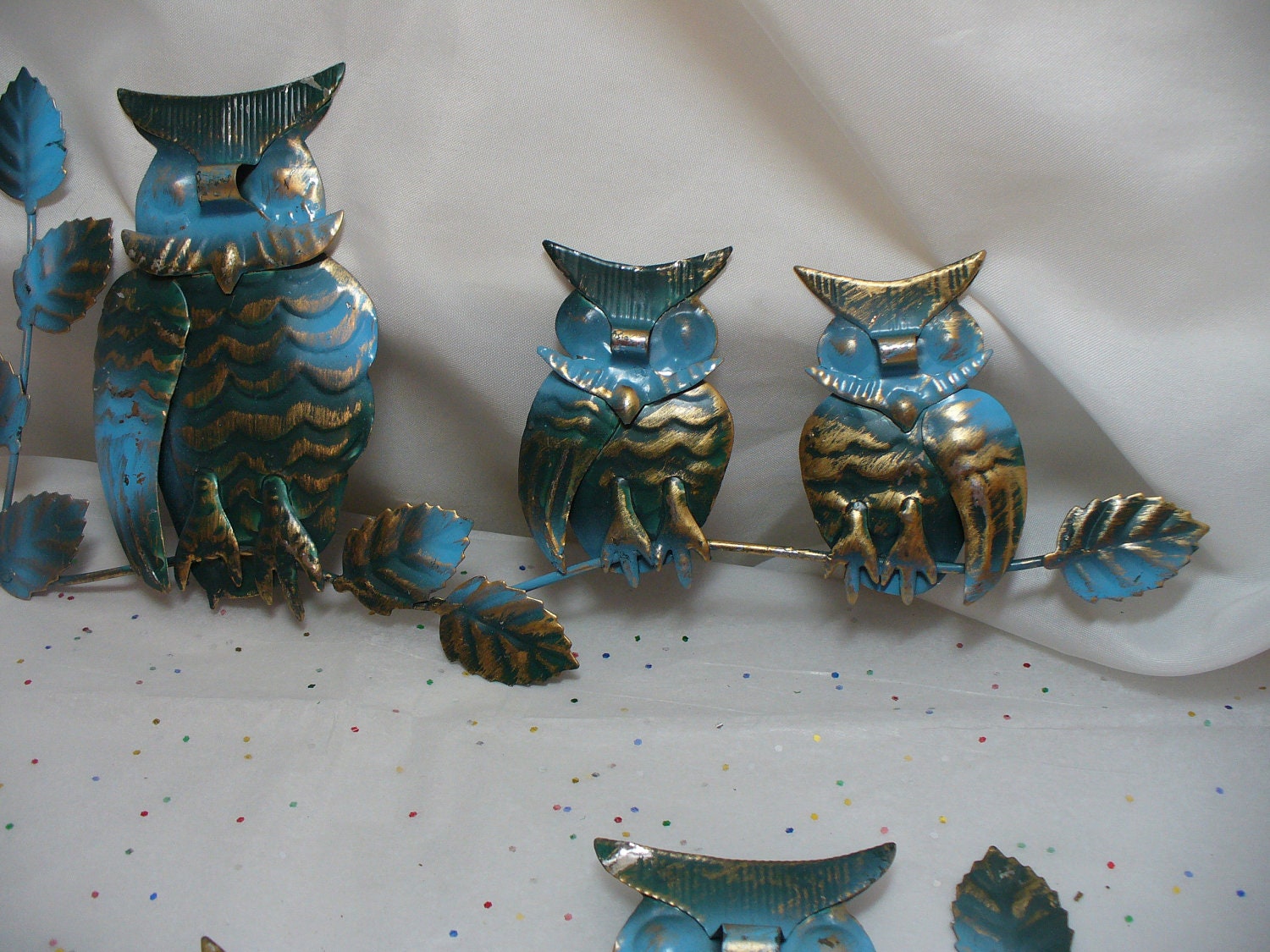 1970s Set of Turquoise and Gold Metal Owls Wall Art. Reserved for Bryan Only.