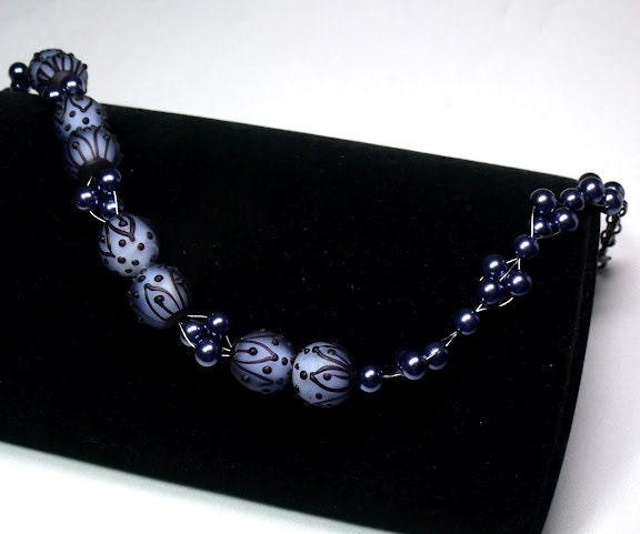 Navy Blue Glass with Woven Pearls by Cara's Creations