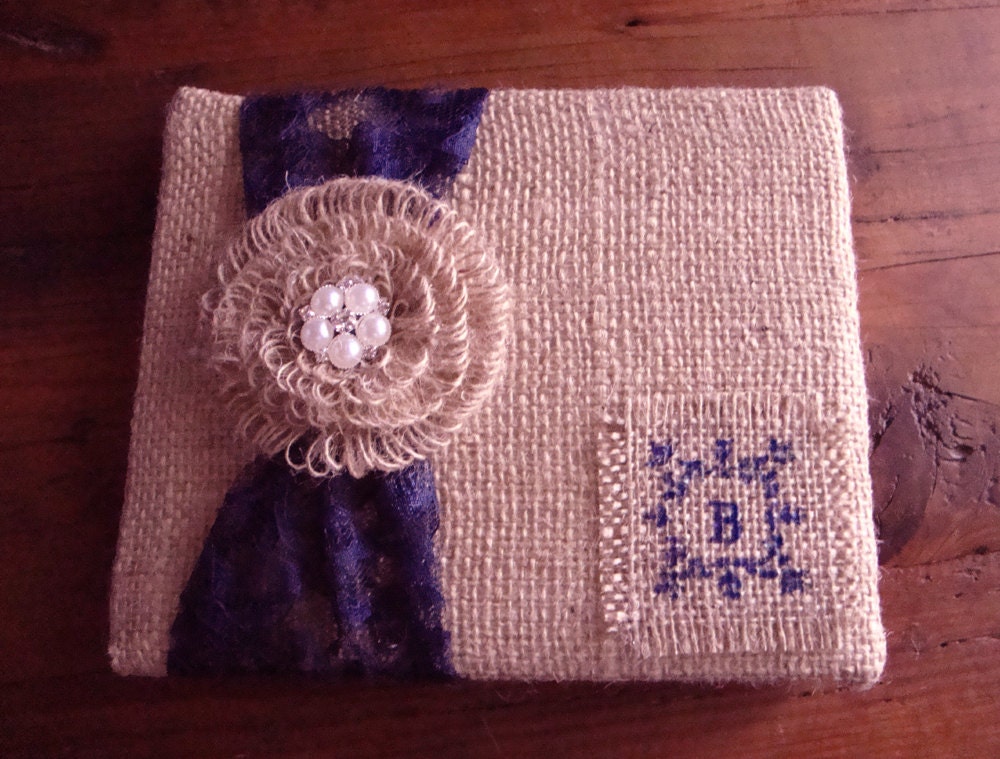 Personalized Monogram Rustic Burlap Lace and Pearl Wedding Guest Book - Choose Your Colors