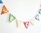 Welcome Flag Sign Banner Bunting, made to order, using a combination of modern scraps and eco chic fabrics ooak - WiseSewcialTies
