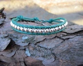 Leather Beaded Wrap Bracelet - Dark Green and Silver