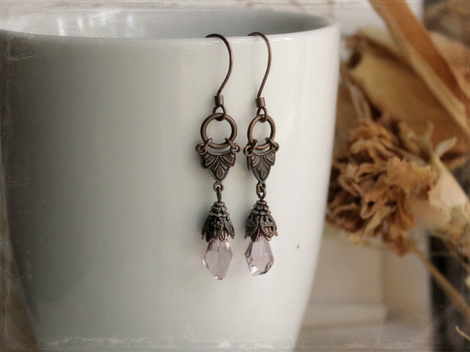 Oak and Lavender Aged Copper and Swarovski Earrings - Purple - Copper - Nouveau - Victorian - Fall - Wedding - Bridal