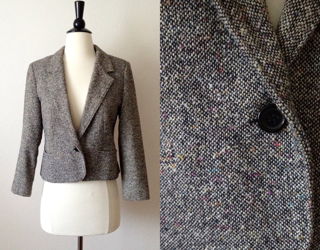 1980s black & cream tweed cropped fitted women's blazer s