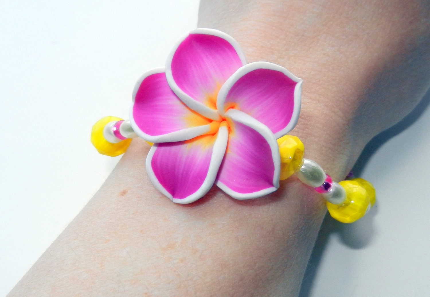 Hot Pink and Yellow Plumeria Clay Flower, Beaded Summer Bracelet