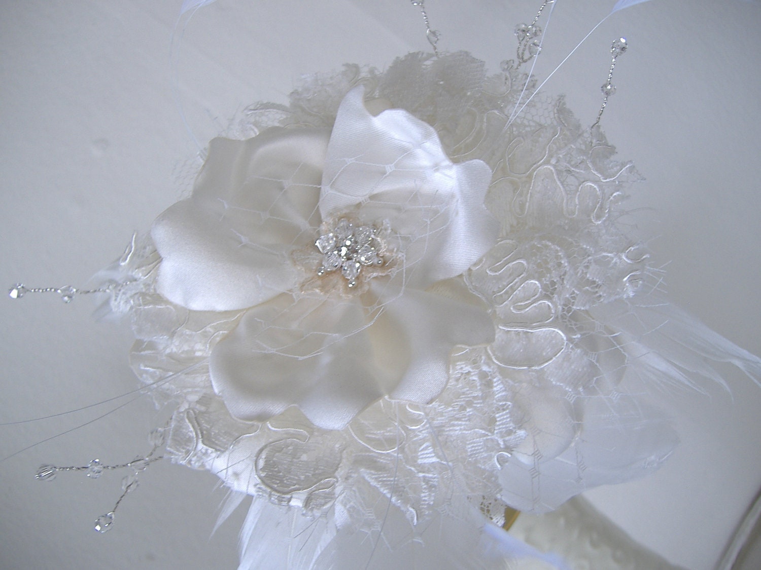 Gorgeous 4" Handmade Bridal Satin Lace Tulle Wedding Bouquet Flower with Crystals Feathers Crystal Center on a 12" Ribboned Wire Stem