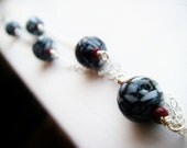 Black, white, and red necklace with silver chain - burgundy brick beads