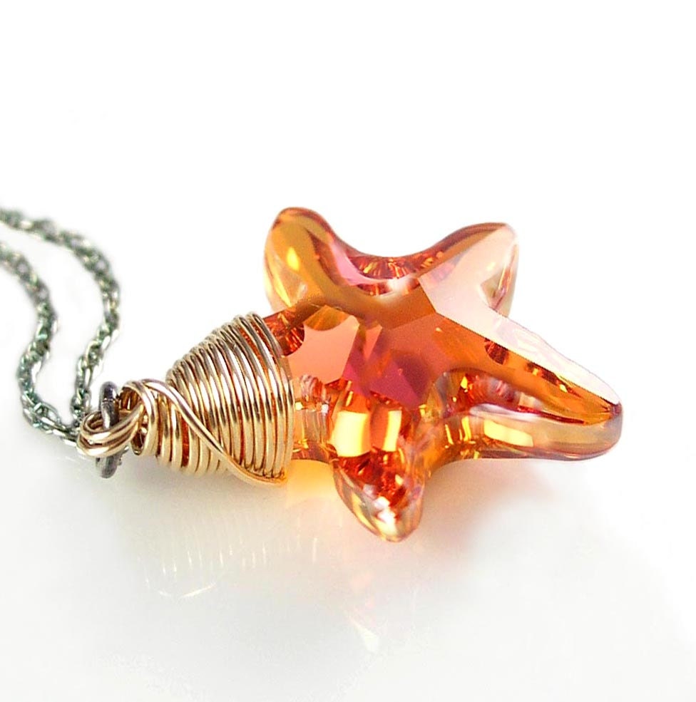 Sun Kissed Starfish Necklace 14K Gold Fill Sterling Silver Swarovski Orange Blush Crystal Starfish Necklace