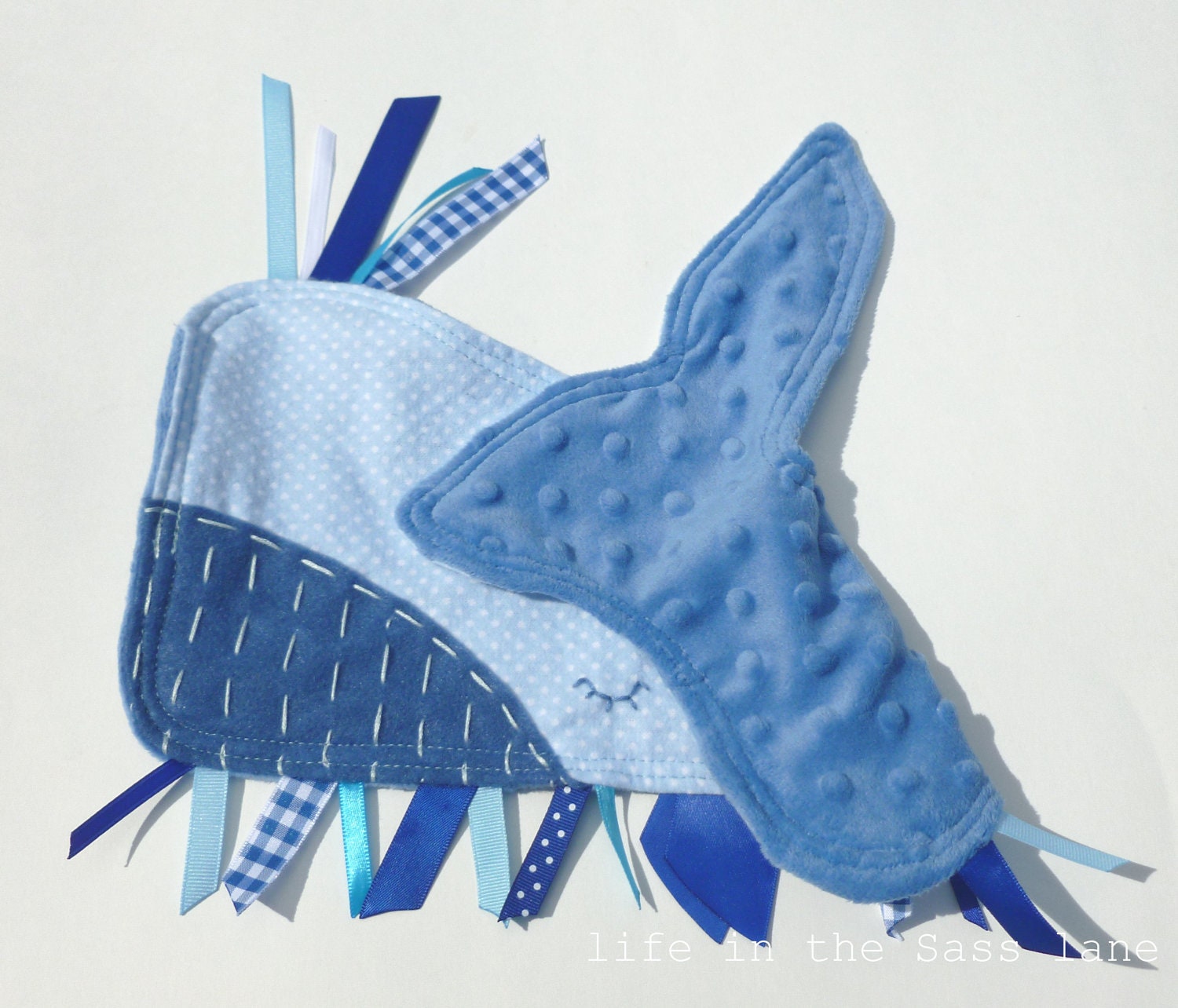 Blue WHALE Ribbon Tag Baby Blanket in Polka Dot Flannel and Minky Blankie Lovey Lovie Baby Gift