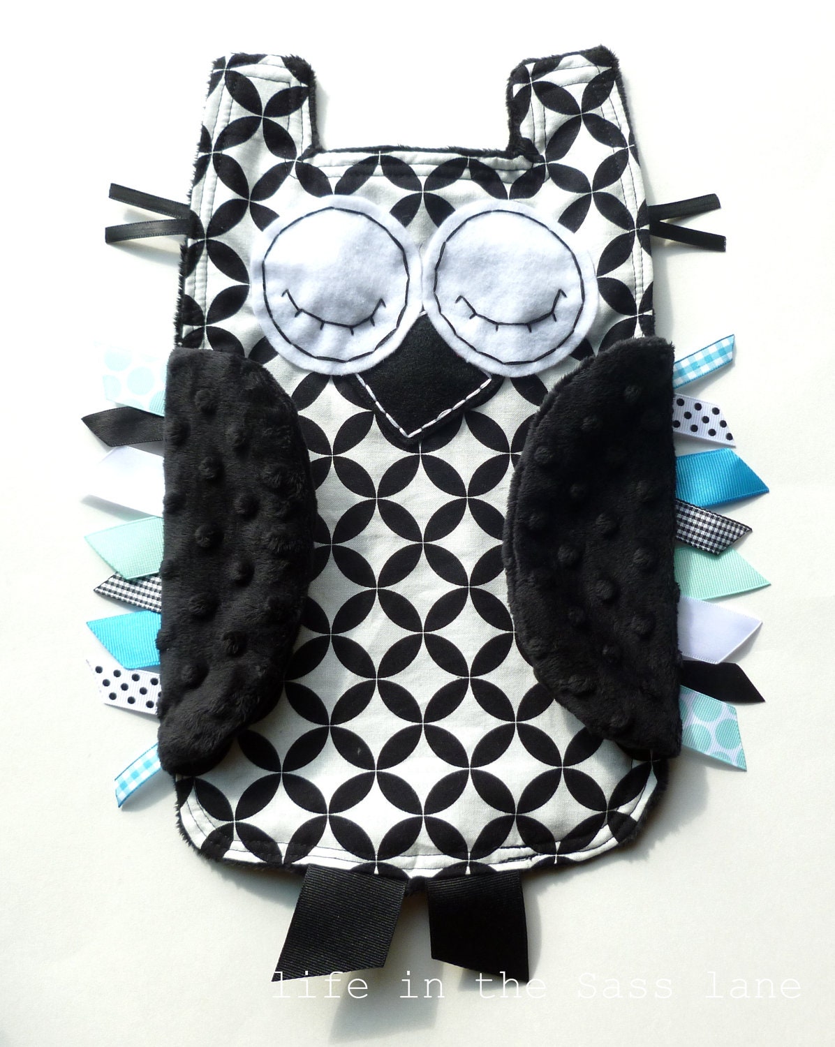 Black, White, Aqua and Turquoise OWL Ribbon Tag Minky Baby Blanket in Alexander Henry Diamond Eye Fabric Blankie Lovey Lovie Baby Gift