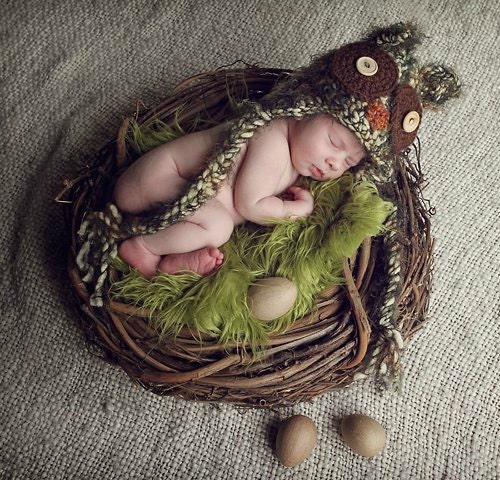 SET Olive Fur and Wood Branch Nest Owl Bird Newborn Photography Prop Baby Infant Prop