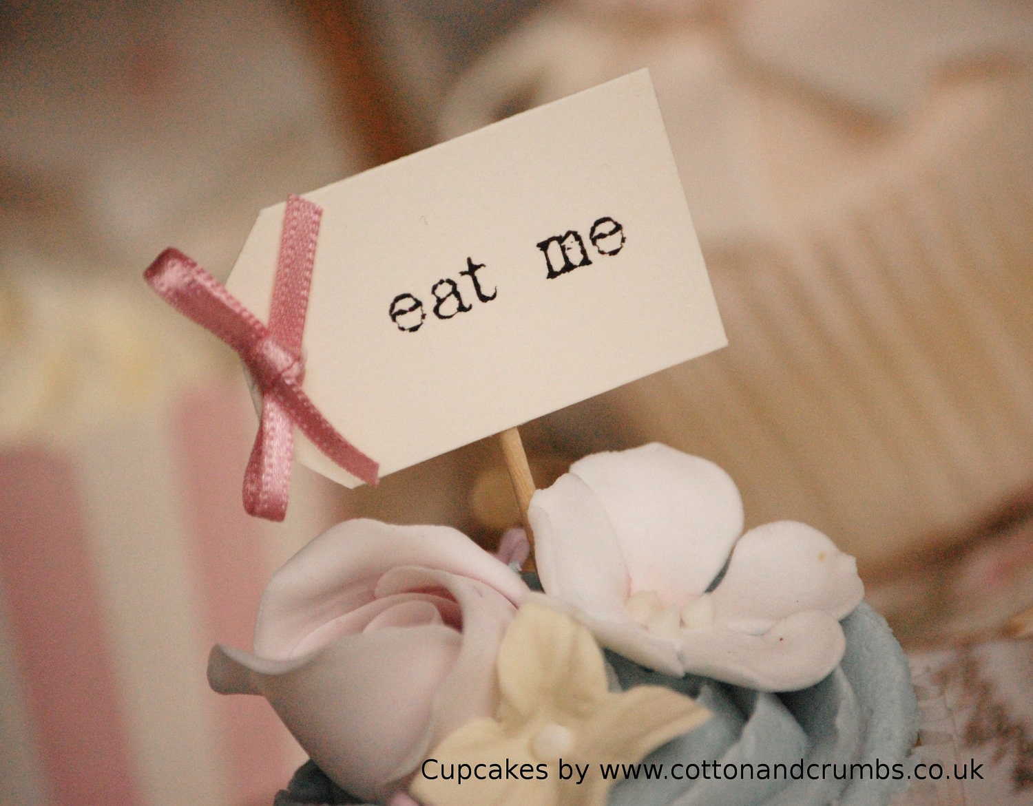 Eat Me Cupcake Sticks - cream and dusky pink bows