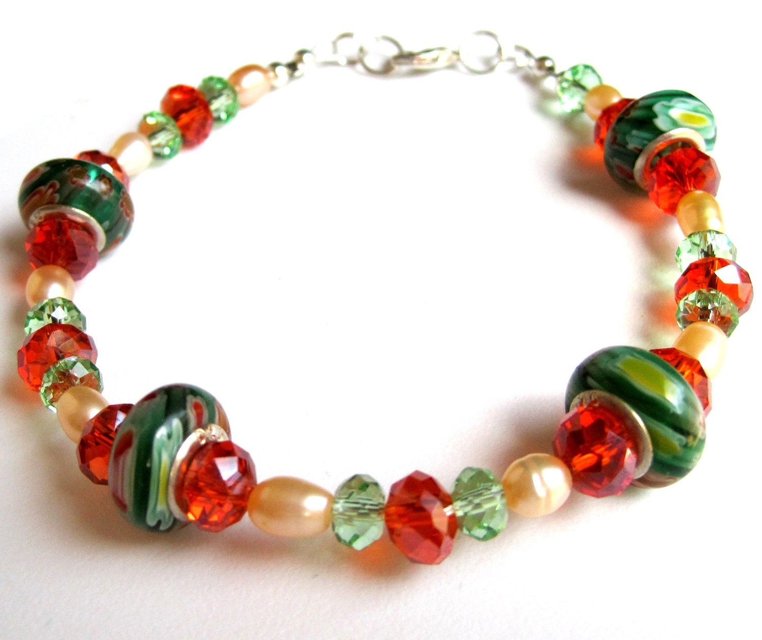 Colorful Bracelet, Green and Orange, Freshwater Pearls, Crystal Bracelet, Lampwork Beads, Large Bracelet, Silver Heart Clasp, Mint Green