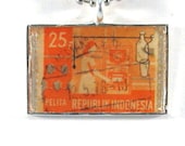 Vintage Indonesia Postage Stamp Necklace Pendant