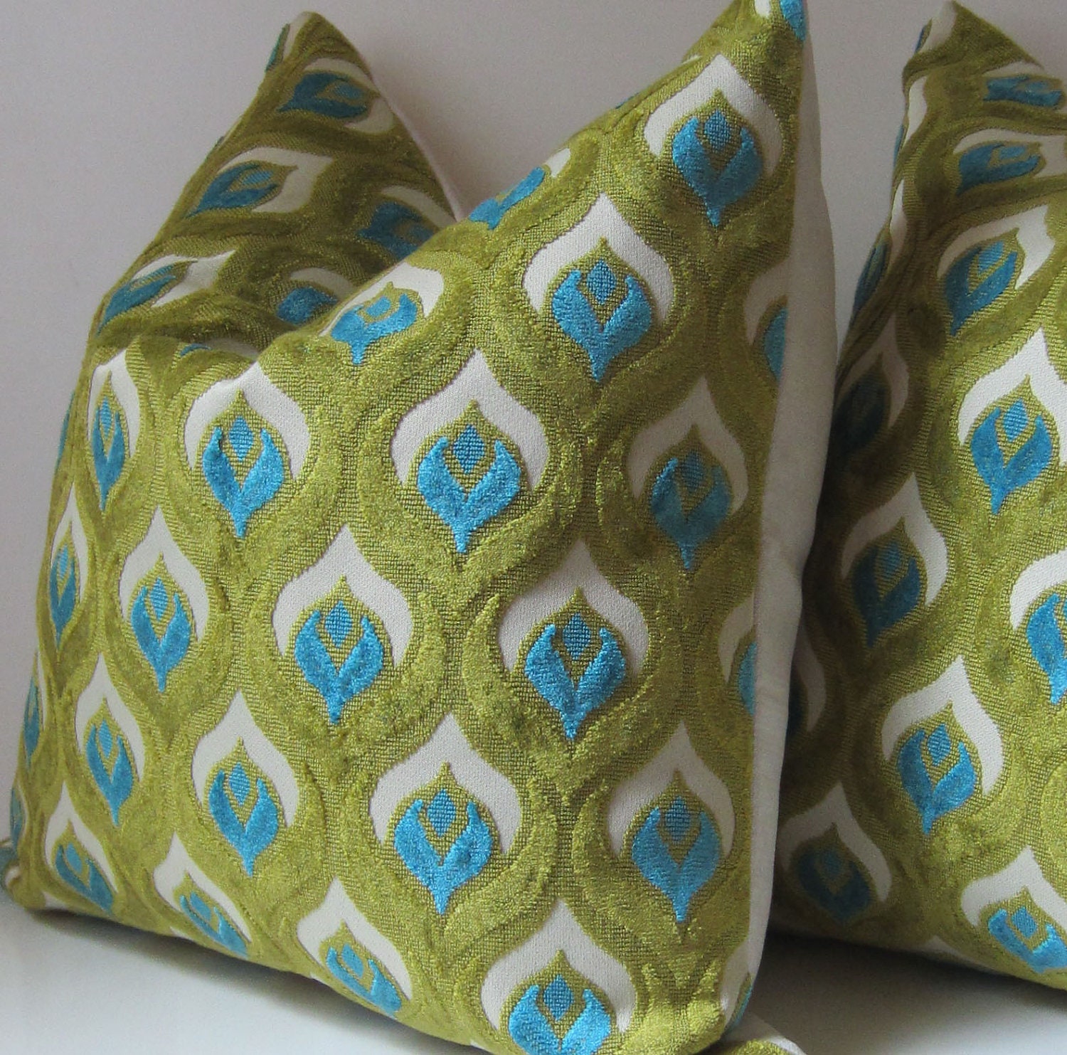 Peacock Cut Velvet - Decorative pillow Cover - 20 inch - Teal - Turquoise - Chartreuse - ready to ship