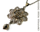Victorian Rose Necklace - Antique Mirror Button - Silver Gold Drop Crystal - Edwardian Elegance