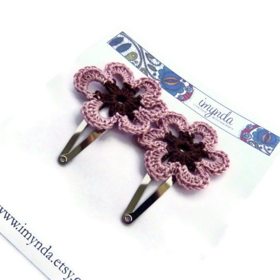 Crochet Flower Hairclips Pink & Brown Flower Nature Accessories  