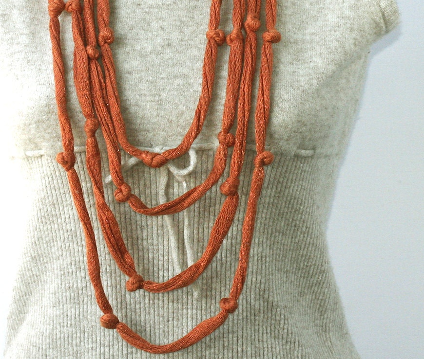 Summer Scarf Rust Skinny Cotton necklace Infinity with knots Summer fashion vegan