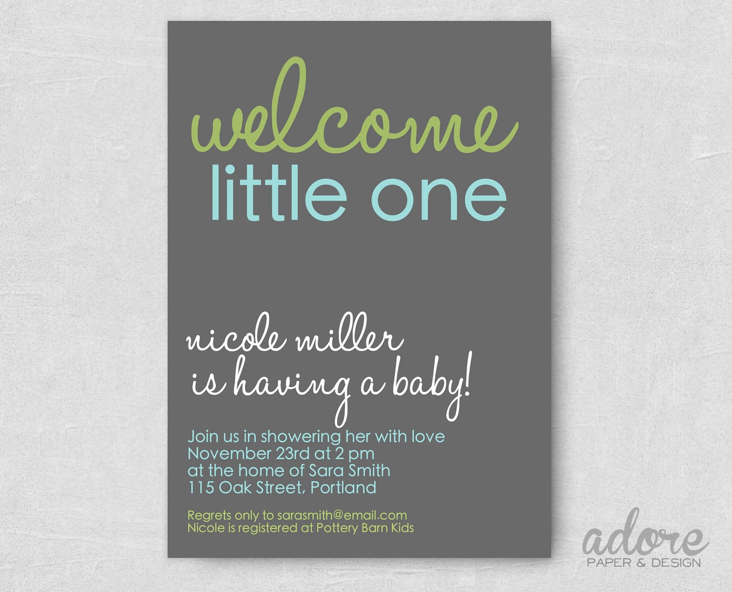 Printable Aqua, Gray & Green Baby Shower Invitation - Choose your colors