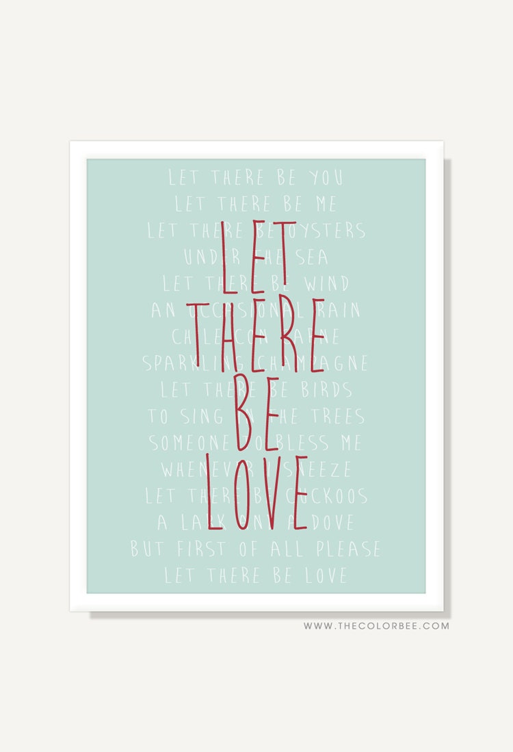 Family Wall Art: Let There Be Love Typographic Print (Red Green) - Printed Quote Art Song Lyric Digital Illustration Art Print