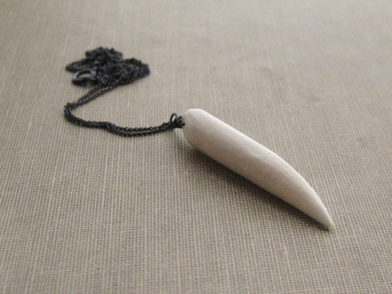 Carved Tooth from Bone, Pendant on Sterling Chain Necklace
