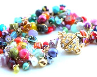 gold bling bracelet. multicolored uniquenecks girls gift. wire wrapped bracelet. gemstones pearls swarovski polymer fruit. sparkle bracelet