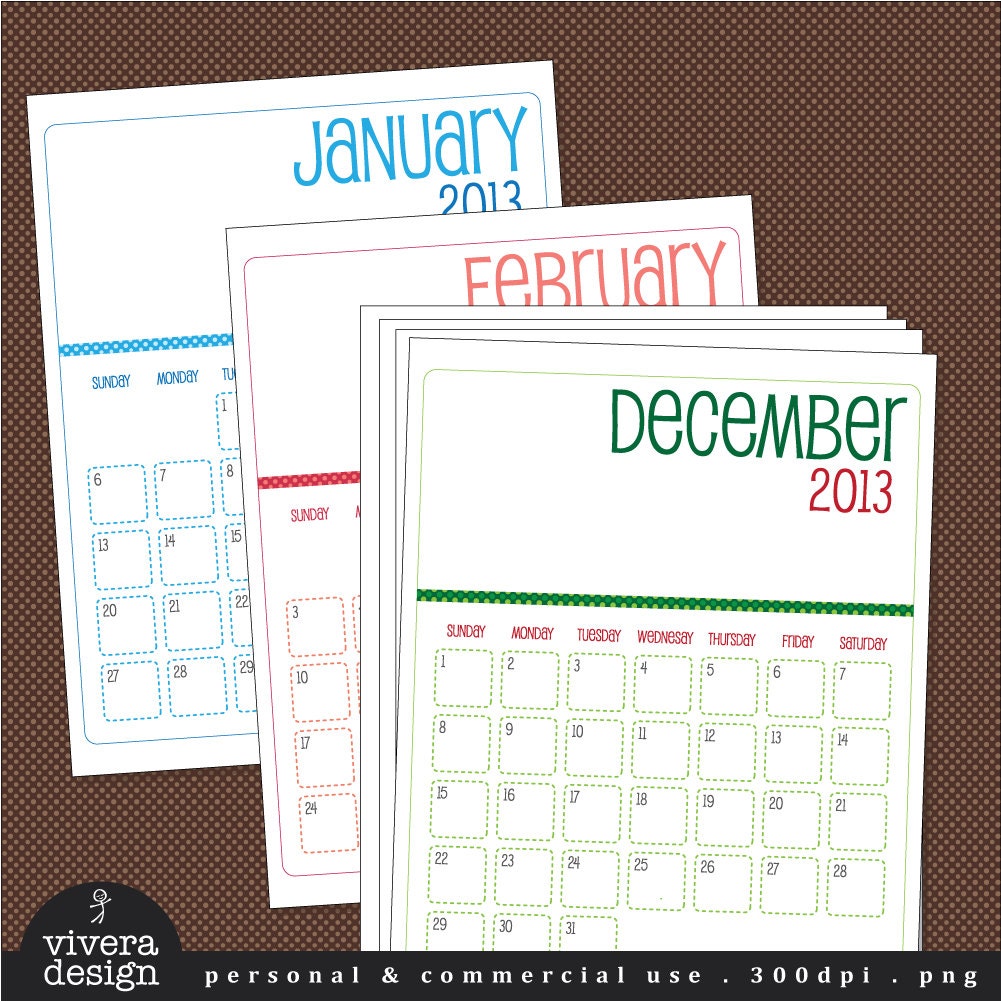 DIY Printable January - December 2013 Monthly Calendar  - Colorful - 8 x 10 inches