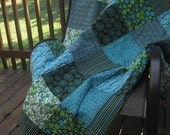 Handmade Modern Americanna Patchwork Lap Quilt, "Posy Party", Teal Blue, Lime Green, Brown, Sofa Throw, Dorm Quilt, Photo Prop