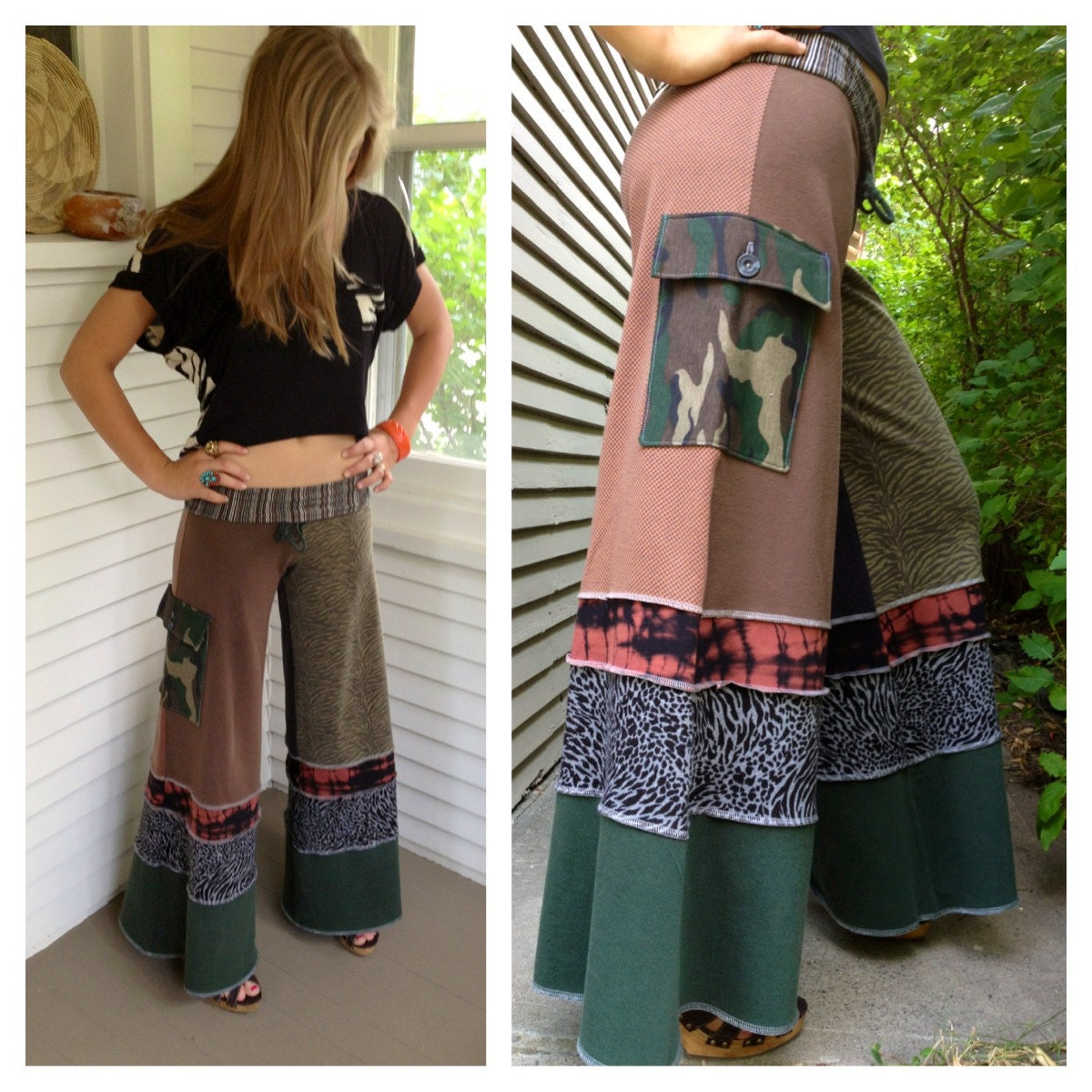 Patchwork Eco Gaucho PANTS, upcycled clothing, yoga, festival, hippie,black, brown and green mix, animal, camo, size M by Zasra