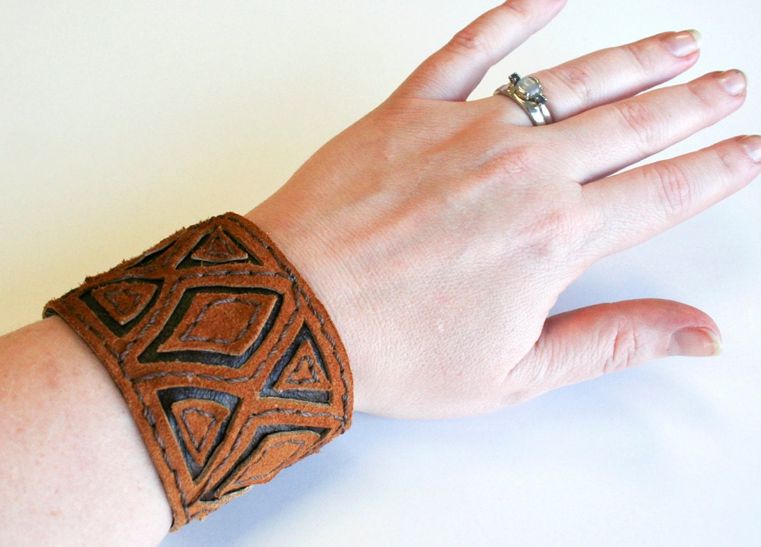 Deerskin Leather Cuff Bracelet - Stylized Snake Scale Pattern in two tone brown Deer skin