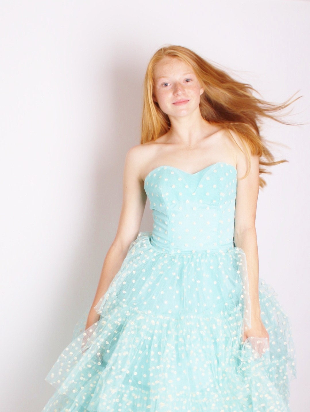 Reserved - Aqua strapless 1950s Wedding Dress with White Polka Dots / 1950s wedding dress / Wedding / Blue / Prom / Dress / Dresses / 1136