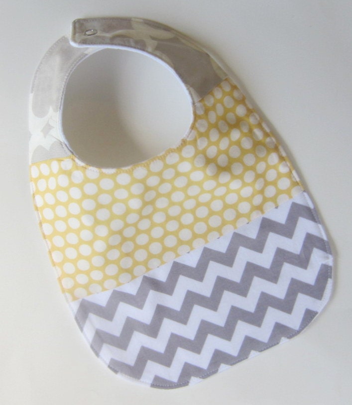 Teething Baby Bib - Baby Gift Bib / Gender Neutral Yellow Polkadot / Grey Chevron