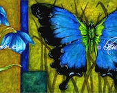 Blue Bells and Butterfly Gliceé Print, Artist Signed, Floral, Blue, Green, Decorative, Grass, Nature, One in a Set