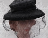 Vintage 1940s Hat Black Straw Veil Art Deco Old Hollywood