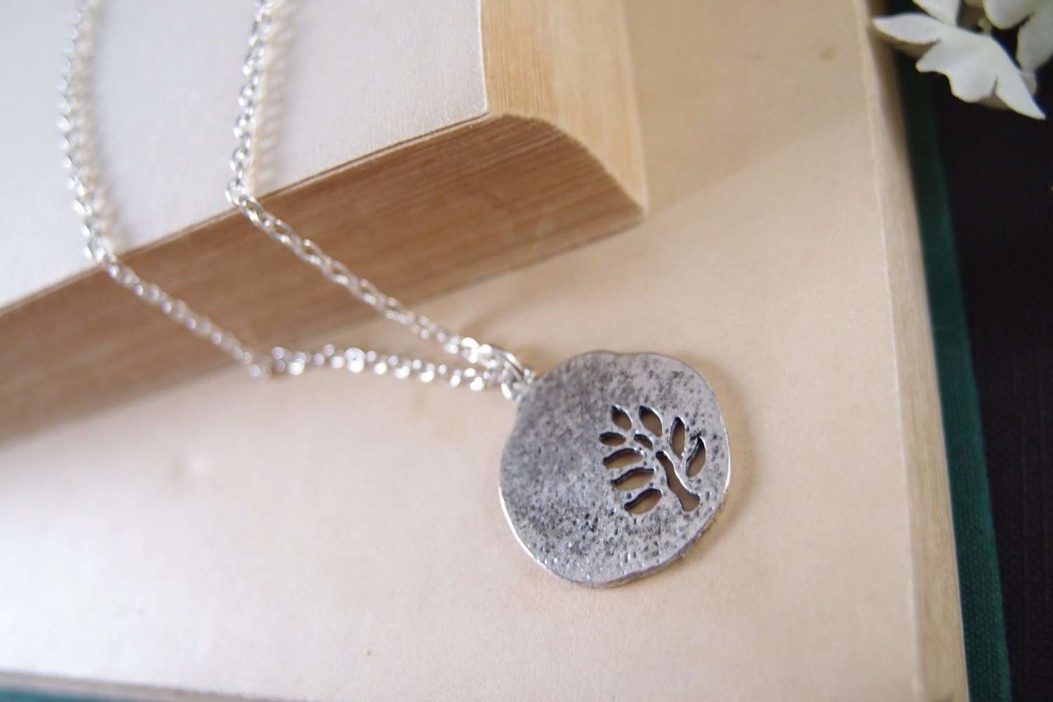 Stamped fossil tree petite and delicate antique silver metal necklace
