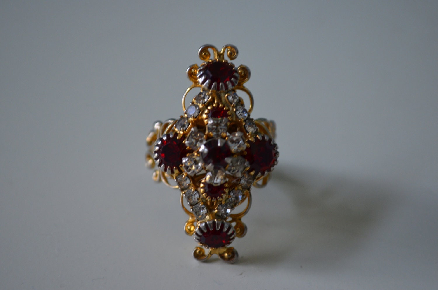 Dazzling Antique Goldtone Floral Ruby & Clear Crystals Semi Precious Stone Adjustable Ring