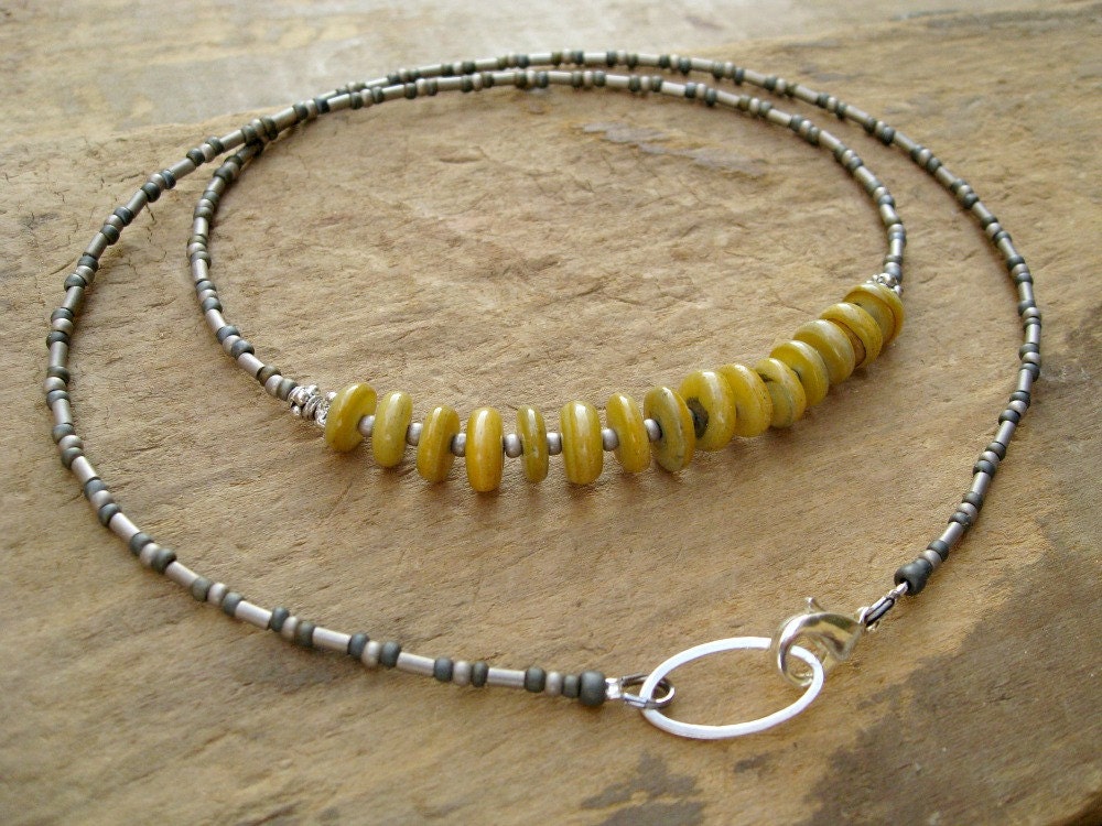 Gray, Yellow Beaded Necklace, simple, rustic grey and yellow bead necklace with ocher shell beads and silver