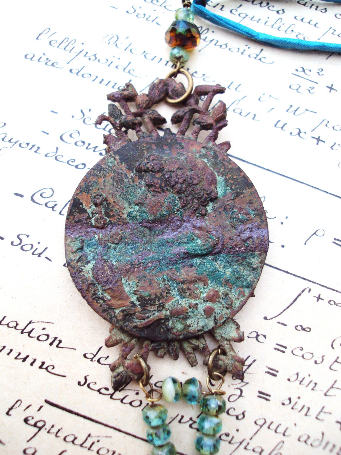 Vintage, Latvian, Brass Pendant, Cameo, Medal, Verdigris, Patina, Shelly  Porter Artworks, Blue