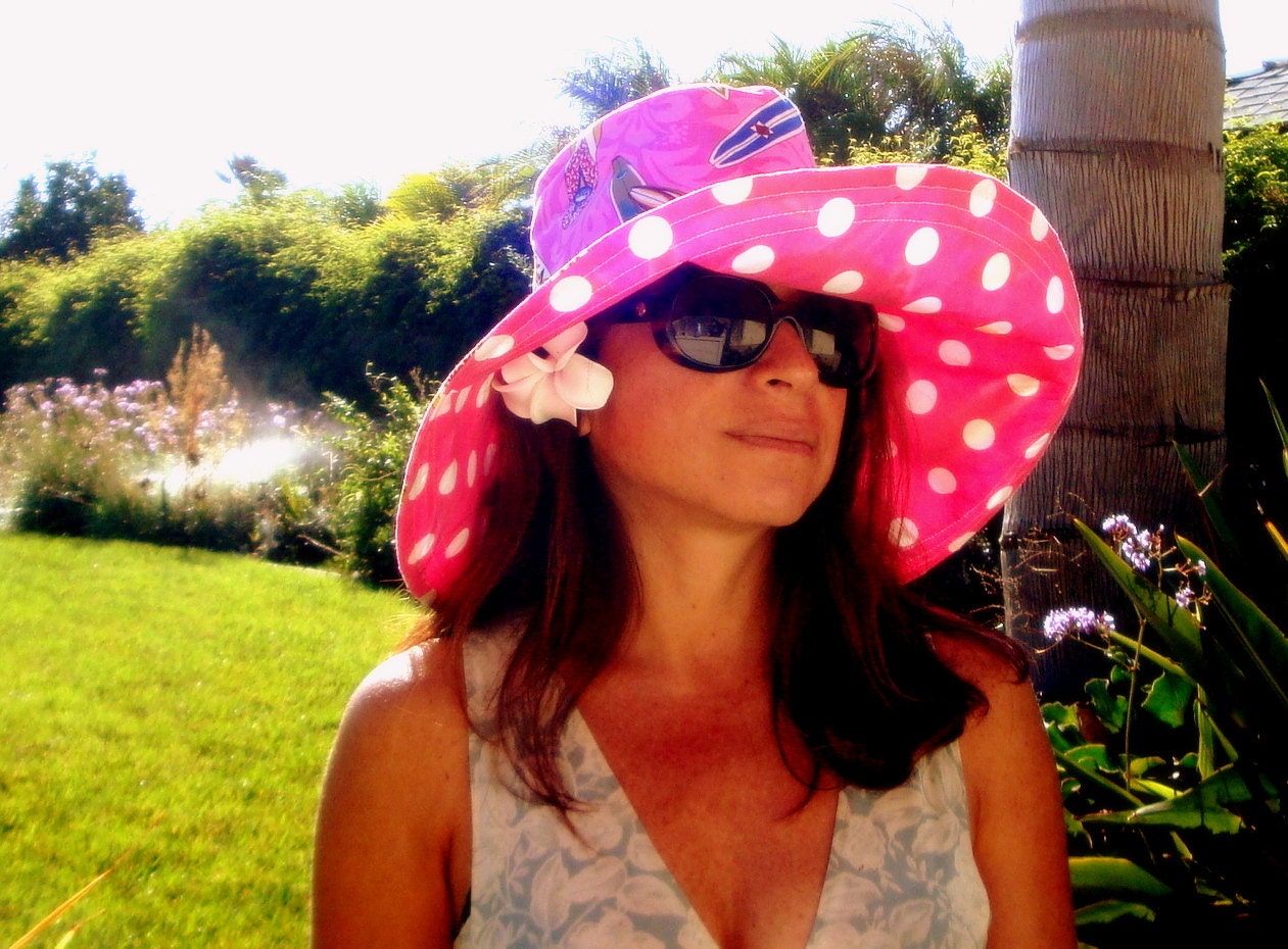 Polka Dot BEACH HAT wide brim Sun Hat Spring Fashion Trend Bubblegum Pink  by  Freckles California OOAK