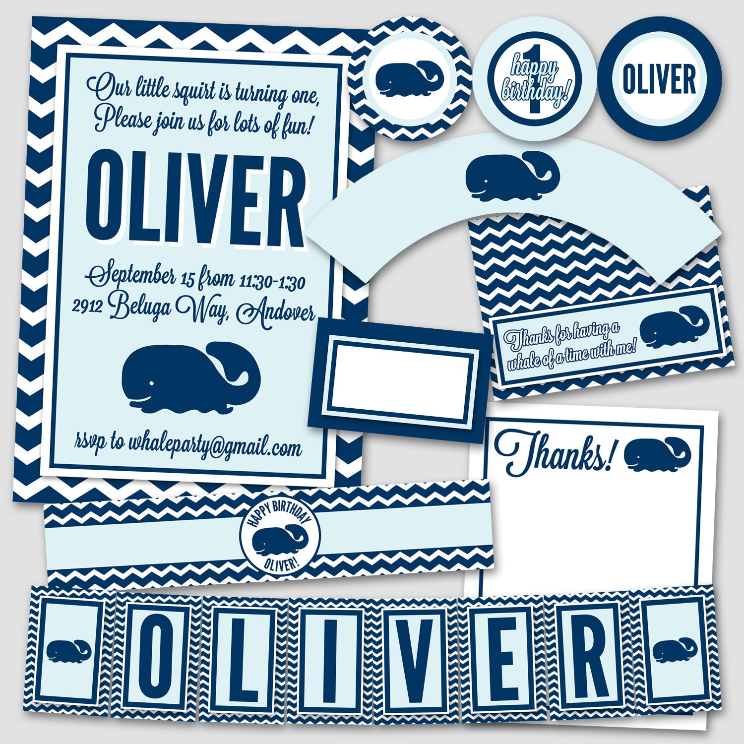 Nautical Whale Birthday Party Pack JPEG (Invitation, Cupcake Topper and Wrapper, Bottle and Food Label, Thank You, Treat Bags, Banner)