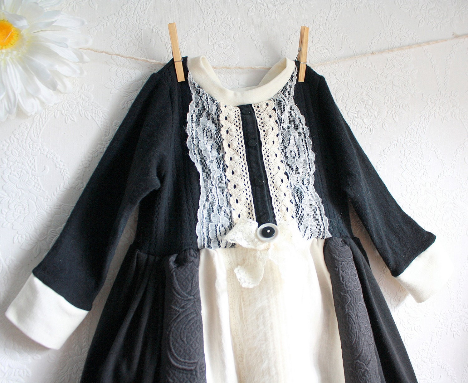 Girl's Black Dress 5T Toddler Clothing Cream Lace Birthday Party Upcycled Clothes Special Occasion Children's Jumper 'MOIRA'