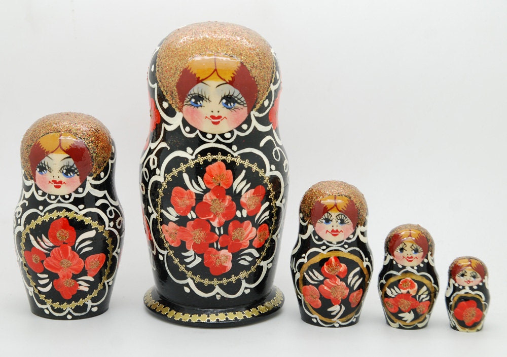 5 Authentic Russian Nesting dolls Matryoshka flowers roses free shipping