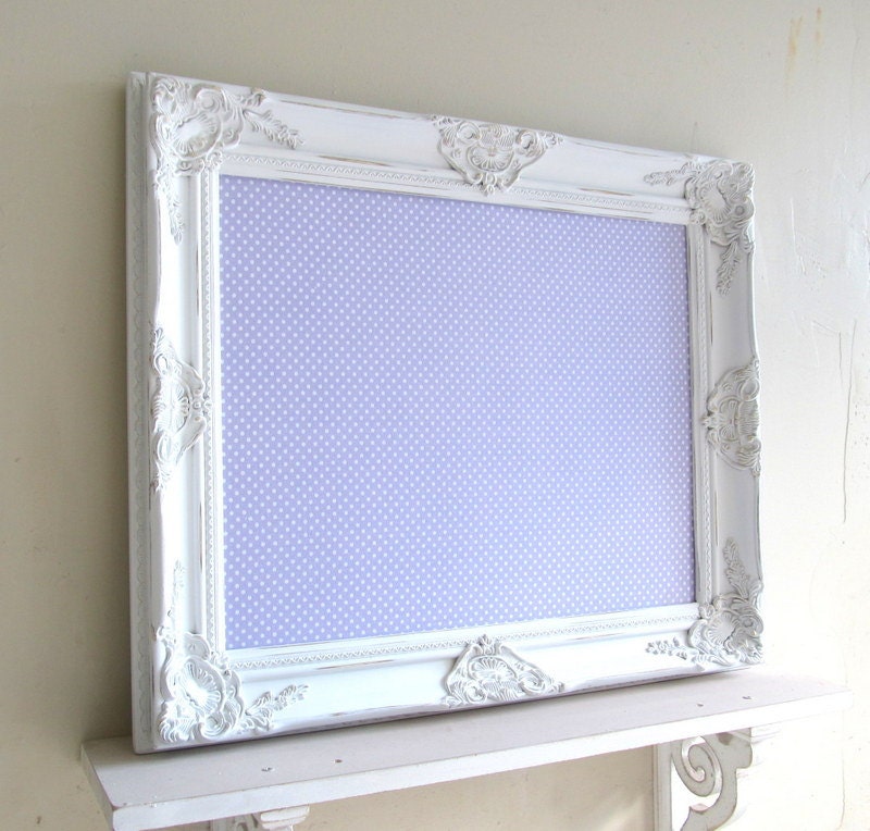 MAGNET BOARD Purple White Easter Decor Polkadot Nursery Lilac Lavender Shabby Chic Framed Bulletin Board Ornate Vintage Distressed 22inx26in