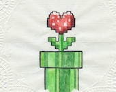 8-bit Love, Piranha Plant Heart painting on paper doily