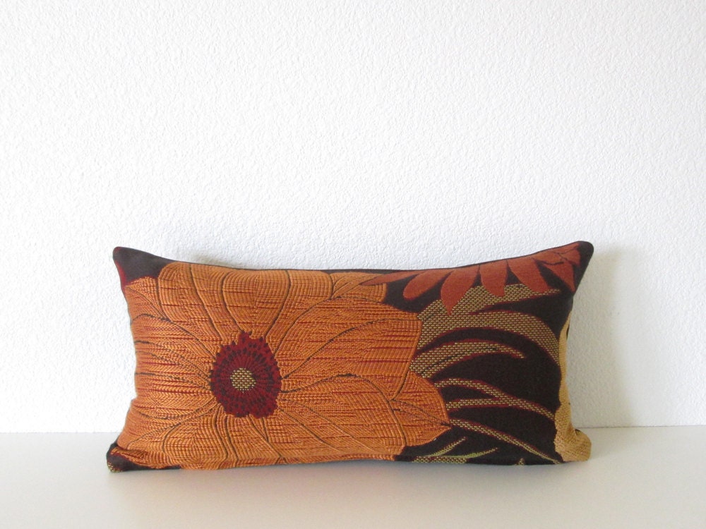 Decorative pillow cover - Mini Lumbar - 8x16 - Brown - Orange - Dark Red - Floral Pillow - Floral Lumbar Pillow