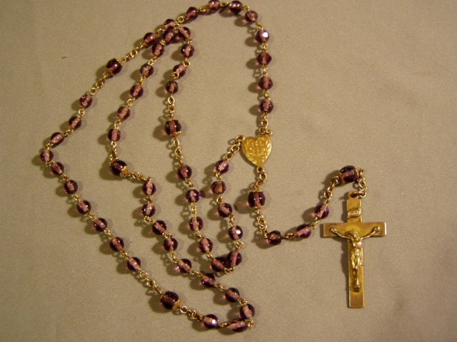 Vintage Brass & Faceted Purple Glass Bead Catholic Rosary Sacred Heart Crucifix 3347