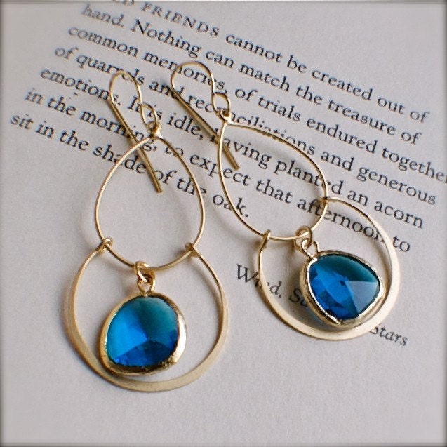 Olympian Blue Gold Chandelier Earrings with Bezel Set Glass-Bridesmaid Earrings-Wedding Jewelry-Fall Fashion